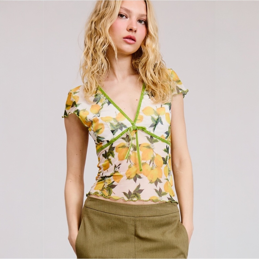 Lemon Fruit Print Mesh Top With Velvet Trim Ribbon
